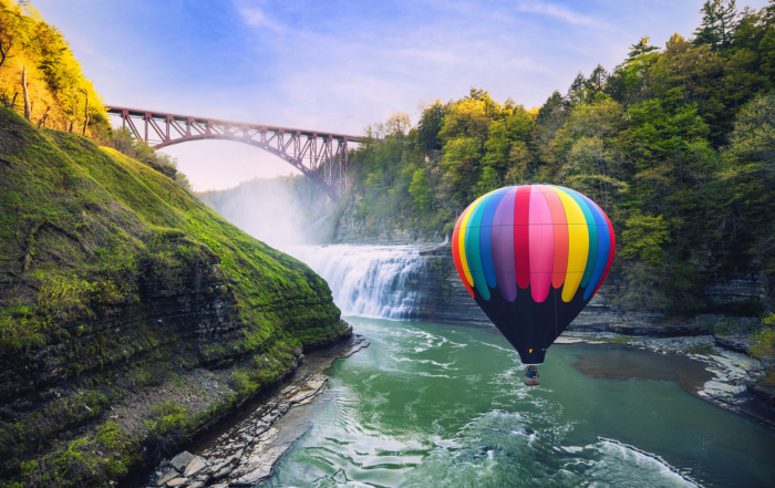 Balloon by Upper Falls and Railroad Bridge in Letchworth