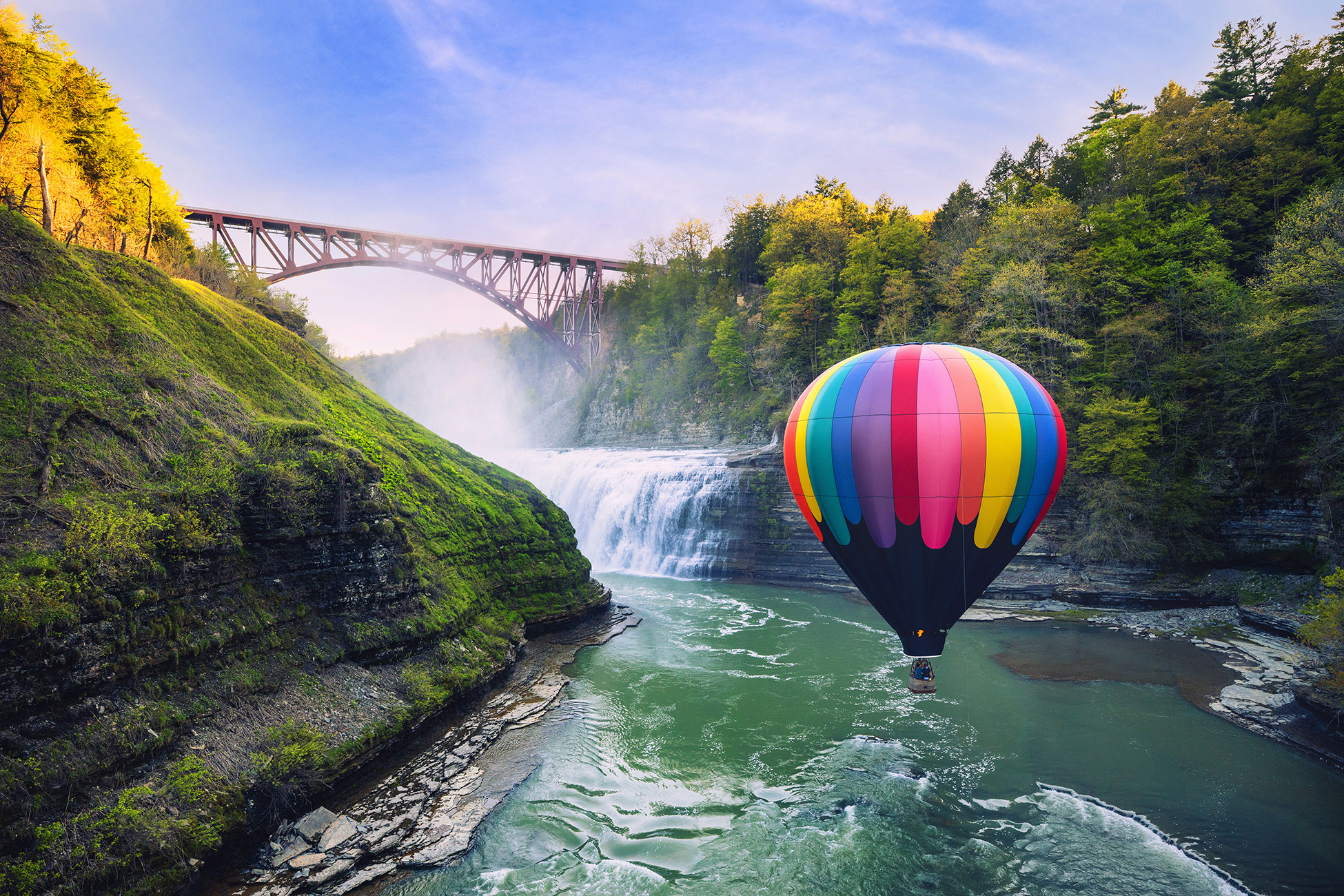 Balloon by Upper Falls and Railroad Bridge in Letchworth